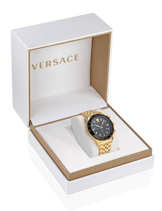 Angle shot of Versace Chronograph VE2U00622 Black Dial Gold Stainless Steel Unisex Watch on white background