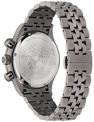 Angle shot of Versace Chronograph VE2U00722 Blue Dial Silver Stainless Steel Unisex Watch on white background