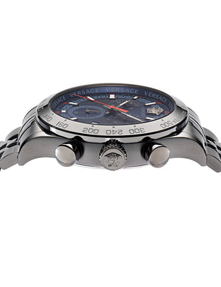 Angle shot of Versace Chronograph VE2U00722 Blue Dial Silver Stainless Steel Unisex Watch on white background
