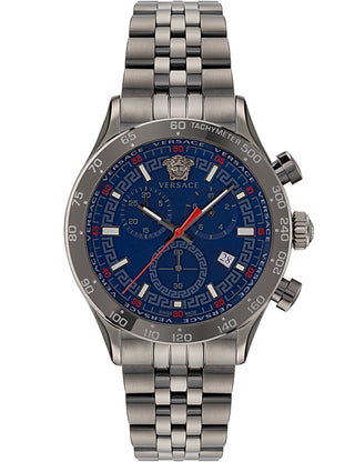 Front view of Versace Chronograph VE2U00722 Blue Dial Silver Stainless Steel Unisex Watch on white background