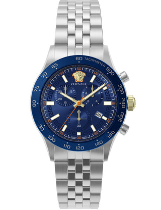 Front view of Versace Chronograph VE2U01024 Blue Dial Silver Stainless Steel Unisex Watch on white background