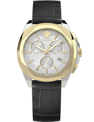 Front view of Versace Chronograph VE3CA0223 Silver Dial Black Leather Womens Watch on white background