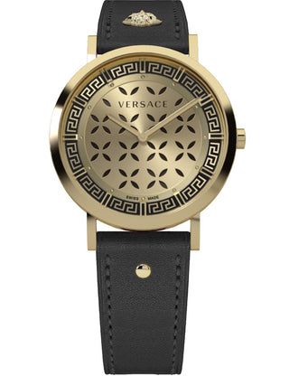 Front view of Versace VE3M01023 Gold Dial Black Leather Womens Watch on white background
