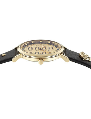 Angle shot of Versace VE3M01023 Gold Dial Black Leather Womens Watch on white background