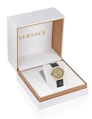Angle shot of Versace VE3M01023 Gold Dial Black Leather Womens Watch on white background