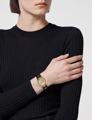 Angle shot of Versace VE3M01023 Gold Dial Black Leather Womens Watch on white background