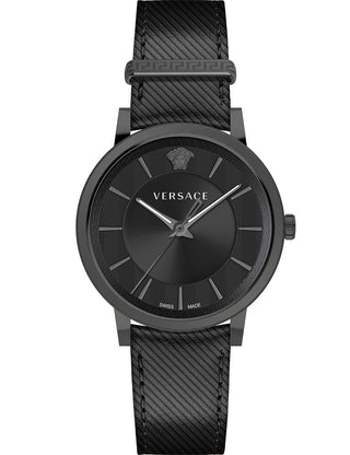 Front view of Versace VE5A00220 Black Leather Unisex Watch on white background