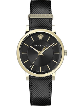 Front view of Versace VE5A00320 Black Leather Unisex Watch on white background