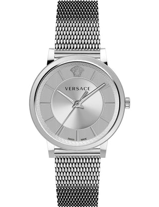 Front view of Versace VE5A00420 Silver Stainless Steel Unisex Watch on white background