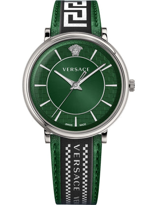 Front view of Versace VE5A01221 Green Leather Unisex Watch on white background