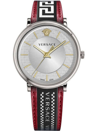 Front view of Versace VE5A01421 Grey Dial Black Leather Mens Watch on white background