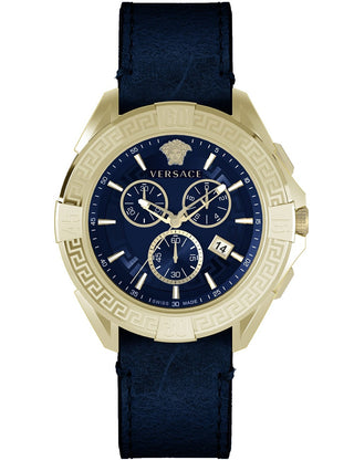 Front view of Versace Chronograph VE5CA0223 Blue Leather Unisex Watch on white background