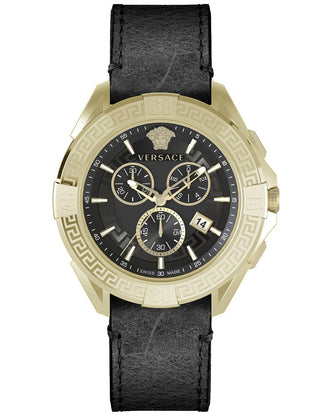 Front view of Versace Chronograph VE5CA0323 Black Leather Unisex Watch on white background