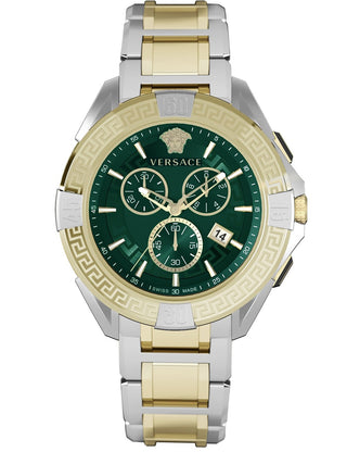Front view of Versace Chronograph VE5CA0423 Green Dial Gold Stainless Steel Unisex Watch on white background