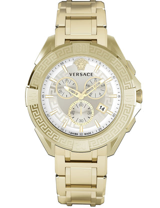 Front view of Versace Chronograph VE5CA0623 White Dial Gold Stainless Steel Unisex Watch on white background