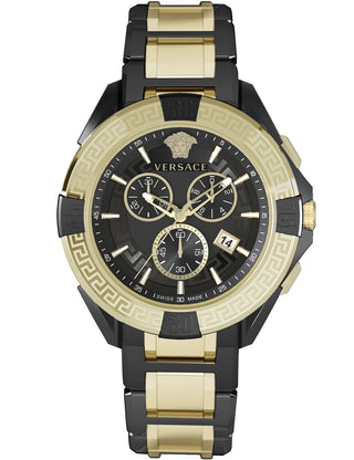 Front view of Versace Chronograph VE5CA0723 Black Dial Gold Stainless Steel Unisex Watch on white background