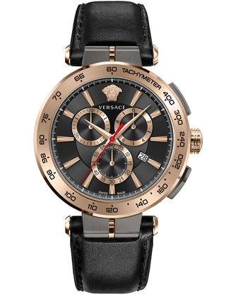 Front view of Versace Chronograph VE6CA0323 Black Leather Unisex Watch on white background