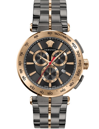 Front view of Versace Chronograph VE6CA0723 Black Dial Grey Stainless Steel Unisex Watch on white background