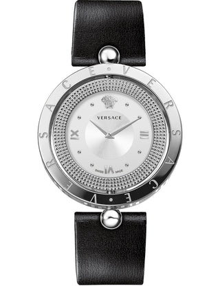 Front view of Versace VE7901023 Silver Dial Black Leather Womens Watch on white background