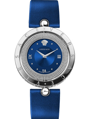 Front view of Versace VE7901123 Blue Leather Womens Watch on white background