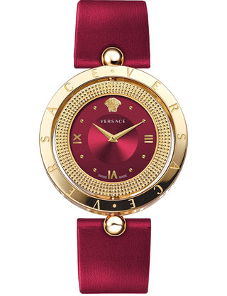 Front view of Versace VE7901223 Red Dial Leather Womens Watch on white background