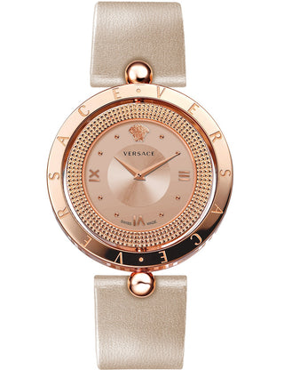 Front view of Versace VE7901323 Rose Gold Dial Leather Womens Watch on white background