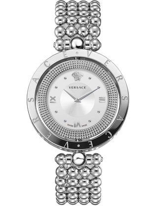 Front view of Versace VE7901423 Silver Stainless Steel Womens Watch on white background