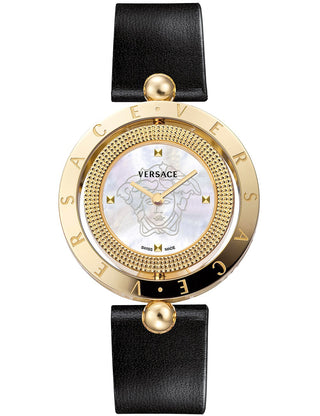 Front view of Versace VE7901924 Silver Dial Black Leather Womens Watch on white background