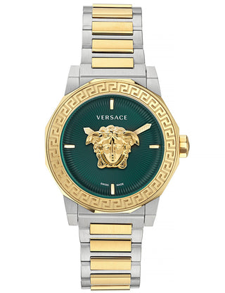 Front view of Versace VE7B00323 Green Dial Gold Stainless Steel Womens Watch on white background