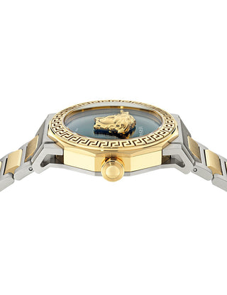 Angle shot of Versace VE7B00323 Green Dial Gold Stainless Steel Womens Watch on white background