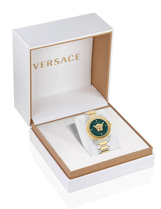 Angle shot of Versace VE7B00323 Green Dial Gold Stainless Steel Womens Watch on white background