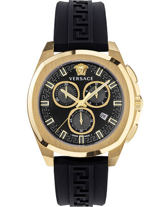 Front view of Versace Chronograph VE7CA0423 Black Silicone Unisex Watch on white background