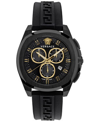 Front view of Versace Chronograph VE7CA0523 Black Silicone Unisex Watch on white background
