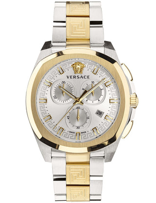 Front view of Versace Chronograph VE7CA0823 Silver Dial Gold Stainless Steel Unisex Watch on white background