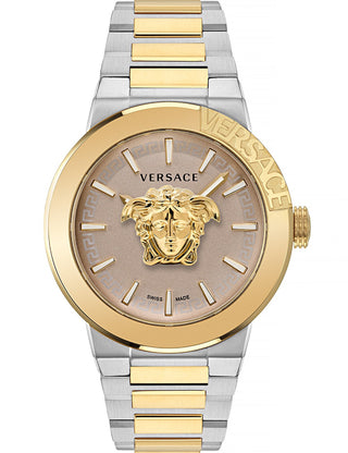 Front view of Versace VE7E00423 Brown Dial Gold Stainless Steel Unisex Watch on white background