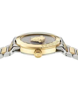 Angle shot of Versace VE7E00423 Brown Dial Gold Stainless Steel Unisex Watch on white background