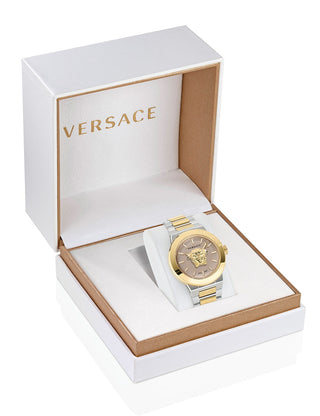 Angle shot of Versace VE7E00423 Brown Dial Gold Stainless Steel Unisex Watch on white background