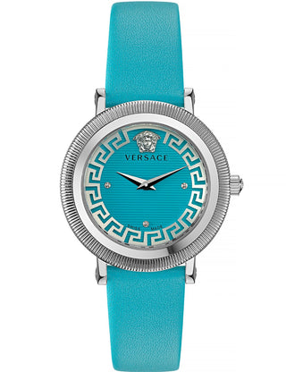 Front view of Versace VE7F00123 Blue Leather Womens Watch on white background