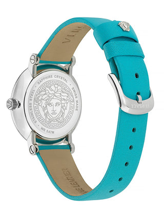 Angle shot of Versace VE7F00123 Blue Leather Womens Watch on white background