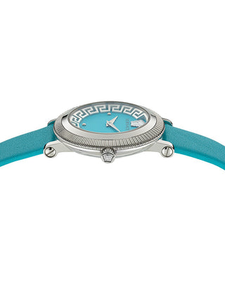 Angle shot of Versace VE7F00123 Blue Leather Womens Watch on white background