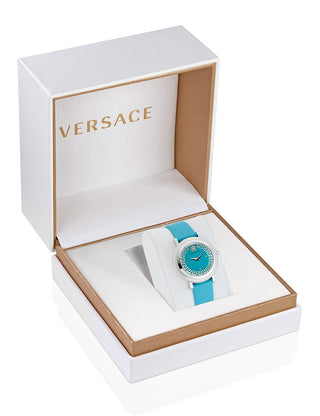Angle shot of Versace VE7F00123 Blue Leather Womens Watch on white background