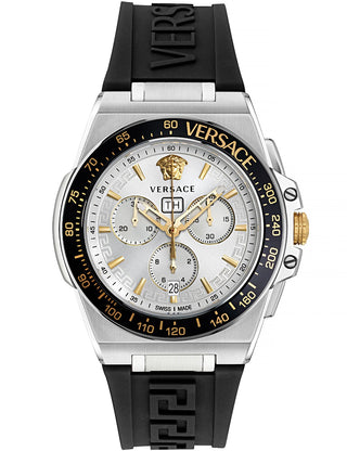 Front view of Versace VE7H00123 Silver Dial Black Silicone Unisex Watch on white background