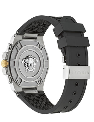 Angle shot of Versace VE7H00123 Silver Dial Black Silicone Unisex Watch on white background