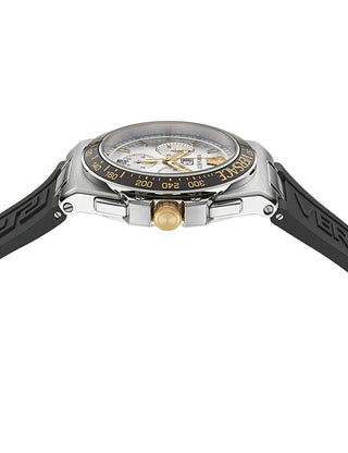 Angle shot of Versace VE7H00123 Silver Dial Black Silicone Unisex Watch on white background