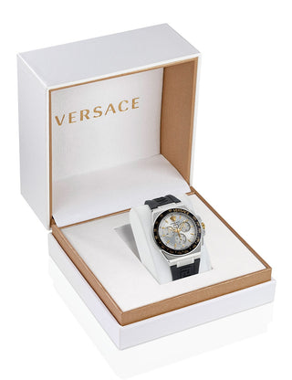 Angle shot of Versace VE7H00123 Silver Dial Black Silicone Unisex Watch on white background