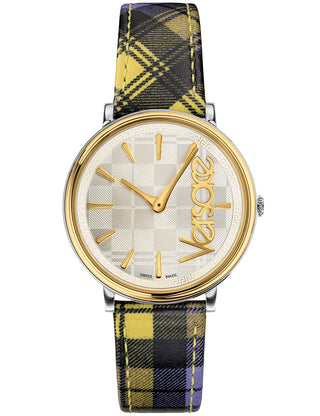 Front view of Versace VE8100118 Silver Dial Blue Leather Womens Watch on white background