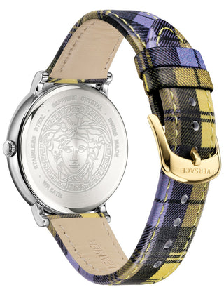 Angle shot of Versace VE8100118 Silver Dial Blue Leather Womens Watch on white background