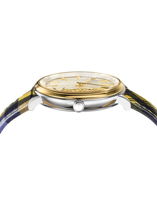 Angle shot of Versace VE8100118 Silver Dial Blue Leather Womens Watch on white background