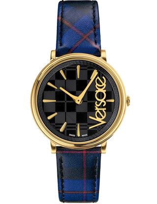 Front view of Versace VE8100218 Black Dial Blue Leather Womens Watch on white background