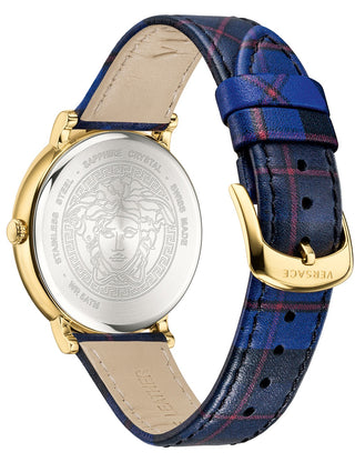 Angle shot of Versace VE8100218 Black Dial Blue Leather Womens Watch on white background